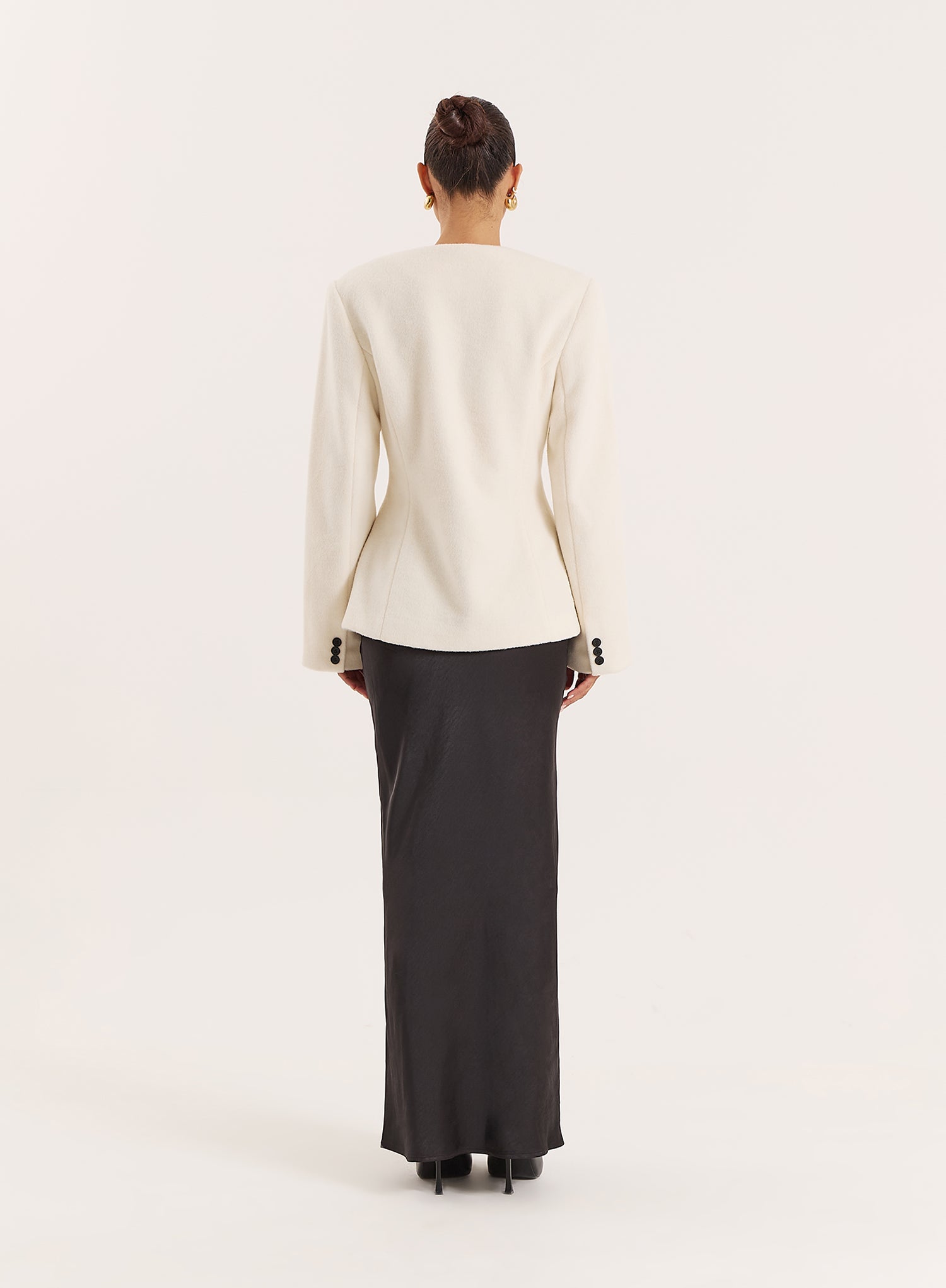 Cream Tailored Cinched Waist Wool Blend Blazer